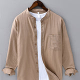 Long Sleeve Linen Cotton Stand Collar Shirt with Pocket