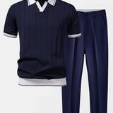 Contrast Trim Ribbed Johnny Collar Knit Polo & Tapered Trousers Set