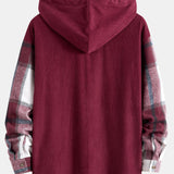 Relax Fit Corduroy Flannel Plaid Patchwork Hooded Shirt