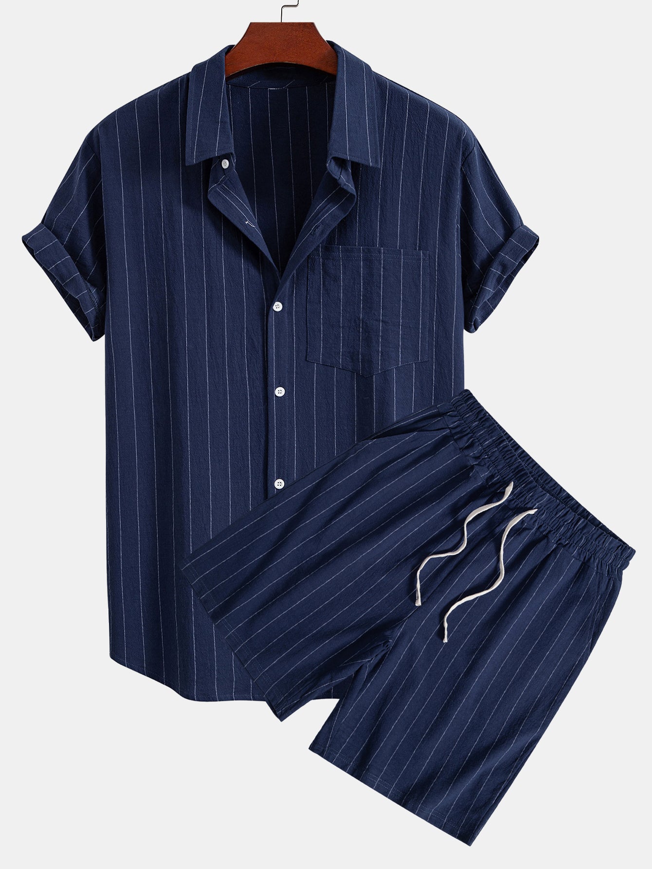 Linen Striped Shirt & Drawstring Shorts Set