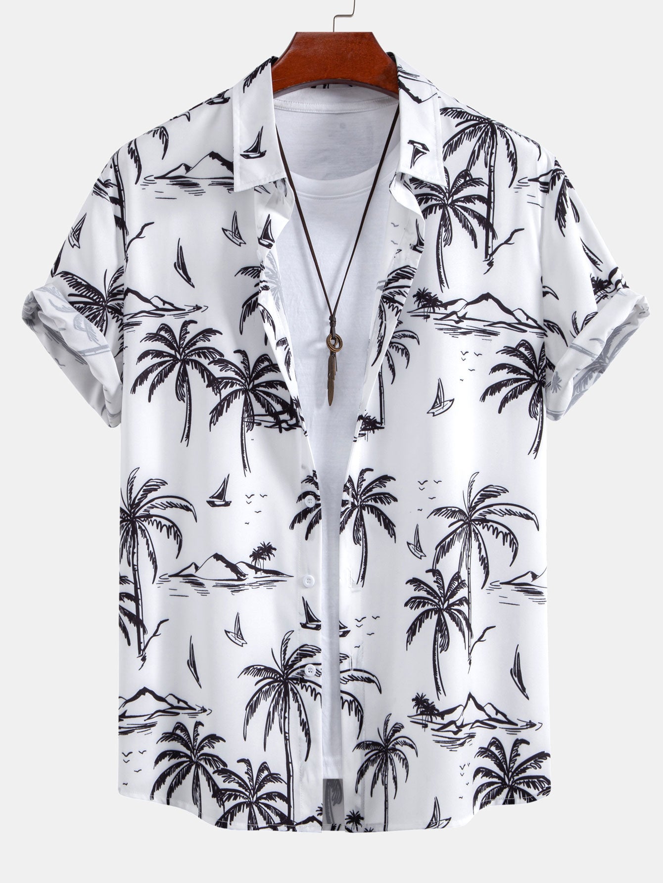 Palm Tree Island Print Shirt & Striped Print Swim Shorts Set