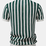Stripe Johnny Collar Open Knit Polo & Straight Leg Linen Pants Set