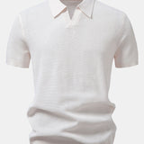 Textured Johnny Collar Crocheted Knit Polo & Linen Pants Set