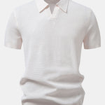 Textured Johnny Collar Crocheted Knit Polo & Crinkle Textured Pants Set