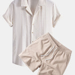 Geometric Jacquard Cuban Collar Shirt & Crinkle Textured Drawstring 5" Set
