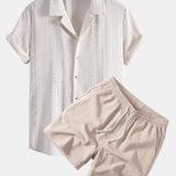 Geometric Jacquard Cuban Collar Shirt & Crinkle Textured Drawstring 5" Set