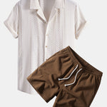 Geometric Jacquard Cuban Collar Shirt & Crinkle Textured Drawstring 5" Set