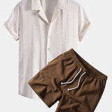 Geometric Jacquard Cuban Collar Shirt & Crinkle Textured Drawstring 5" Set