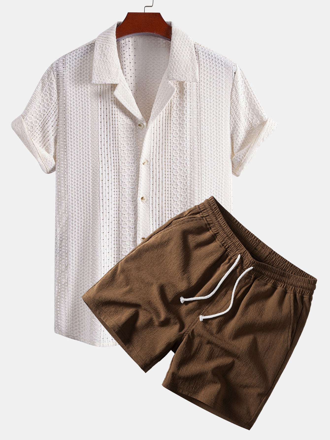 Geometric Jacquard Cuban Collar Shirt & Crinkle Textured Drawstring 5" Set