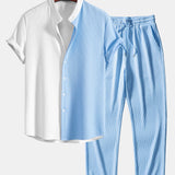 Two Tone Muscle Fit Ribbed Stand Collar Shirt & Ribbed Pants Set