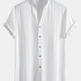 Short Sleeve V Neck Linen Rayon Blend Shirt