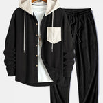 Long Sleeved Contrast Corduroy Hooded Shirt & Corduroy Pants Set