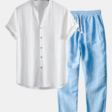 V Neck Linen Rayon Blend Shirt & Straight Leg Linen Pants Set