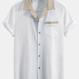 Crinkle Textured Contrast Cuban Shirt & Drawstring 5" Shorts Set