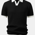 Contrast Textured Johnny Collar Knit Polo & Elastic Waist Trousers Set