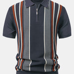 Stripe Knit Zip Up Polo Shirt & Straight Leg Linen Pants Set