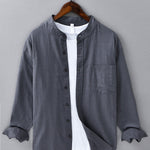 Long Sleeve Linen Cotton Stand Collar Shirt with Pocket