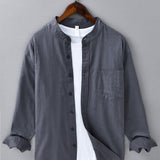 Long Sleeve Linen Cotton Stand Collar Shirt with Pocket
