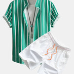 Striped Button Up Shirt & Man Mid Length Drawstring Swim Shorts Set