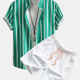 Striped Button Up Shirt & Man Mid Length Drawstring Swim Shorts Set