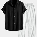 Linen Rayon Blend Shirt & Wrinkle Textured Straight Leg Pants Set