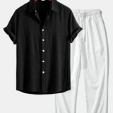 Linen Rayon Blend Shirt & Wrinkle Textured Straight Leg Pants Set