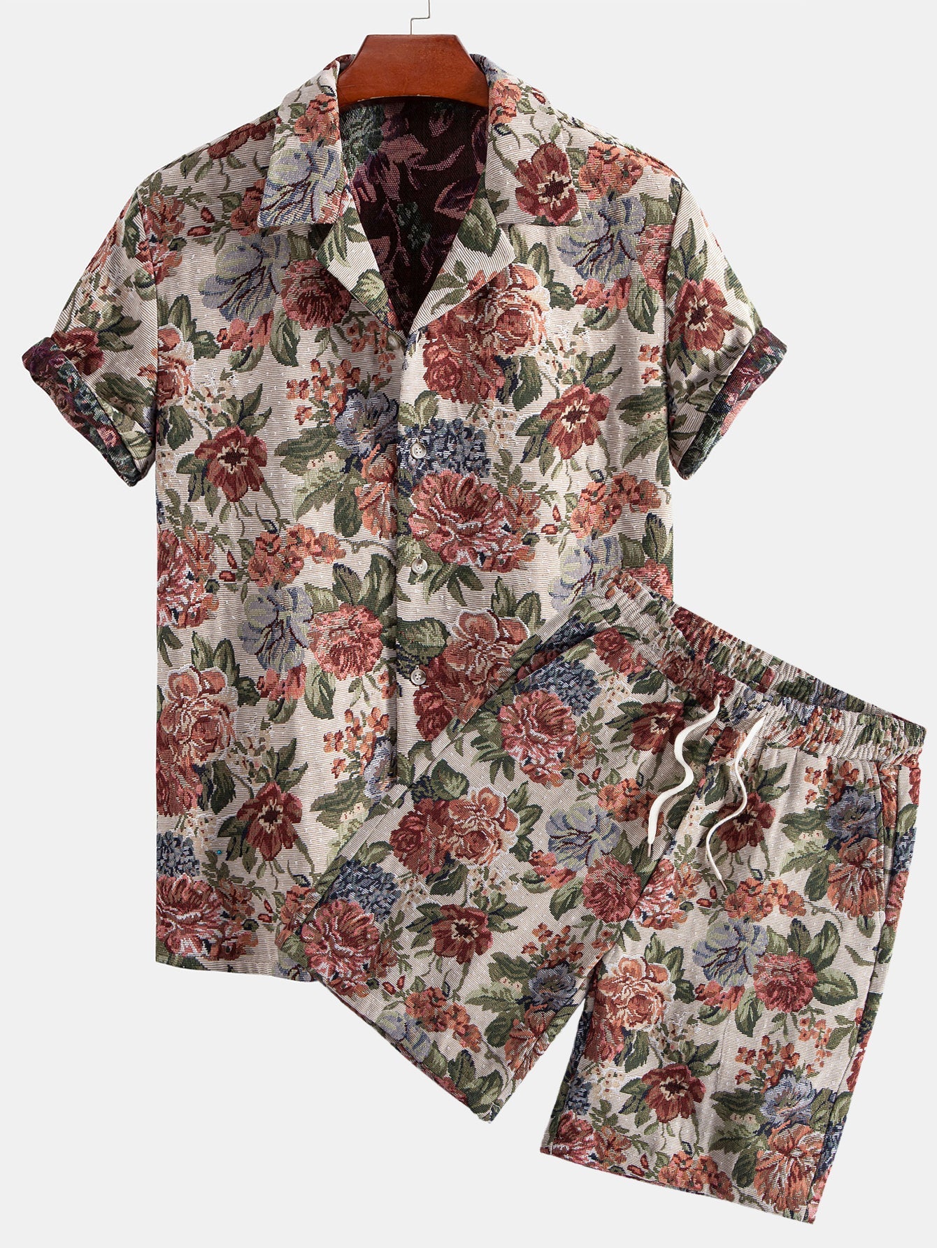 Floral Jacquard Cuban Shirt & Shorts Set