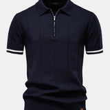 Contrast Trim Zipper Knit Polo Shirt & Elastic Waist Chino Shorts Set