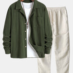 Long Sleeve Corduroy Cuban Collar Shirt & Straight Leg Linen Pants Set