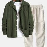 Long Sleeve Corduroy Cuban Collar Shirt & Straight Leg Linen Pants Set
