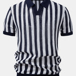 Stripe Johnny Collar Open Knit Polo & Straight Leg Linen Pants Set