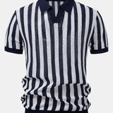 Stripe Johnny Collar Open Knit Polo & Straight Leg Linen Pants Set