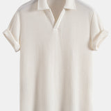 Waffle V-neck Polo & Drawstring Knitted Waffle Shorts Set