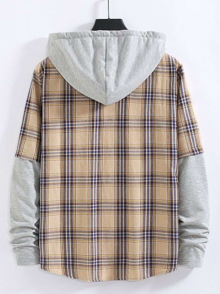 Plaid Contrast Hoodie Button Up Shirt