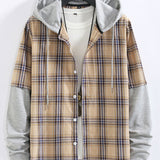 Plaid Contrast Hoodie Button Up Shirt