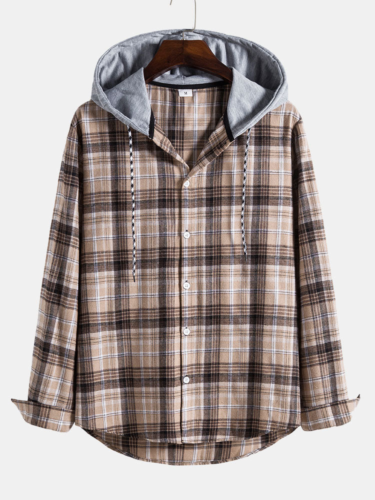 Contrast Hooded Drawstring Plaid Shirt