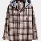 Contrast Hooded Drawstring Plaid Shirt
