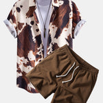 Cow Print Shirt & Crinkle Textured Drawstring 5" Shorts Set
