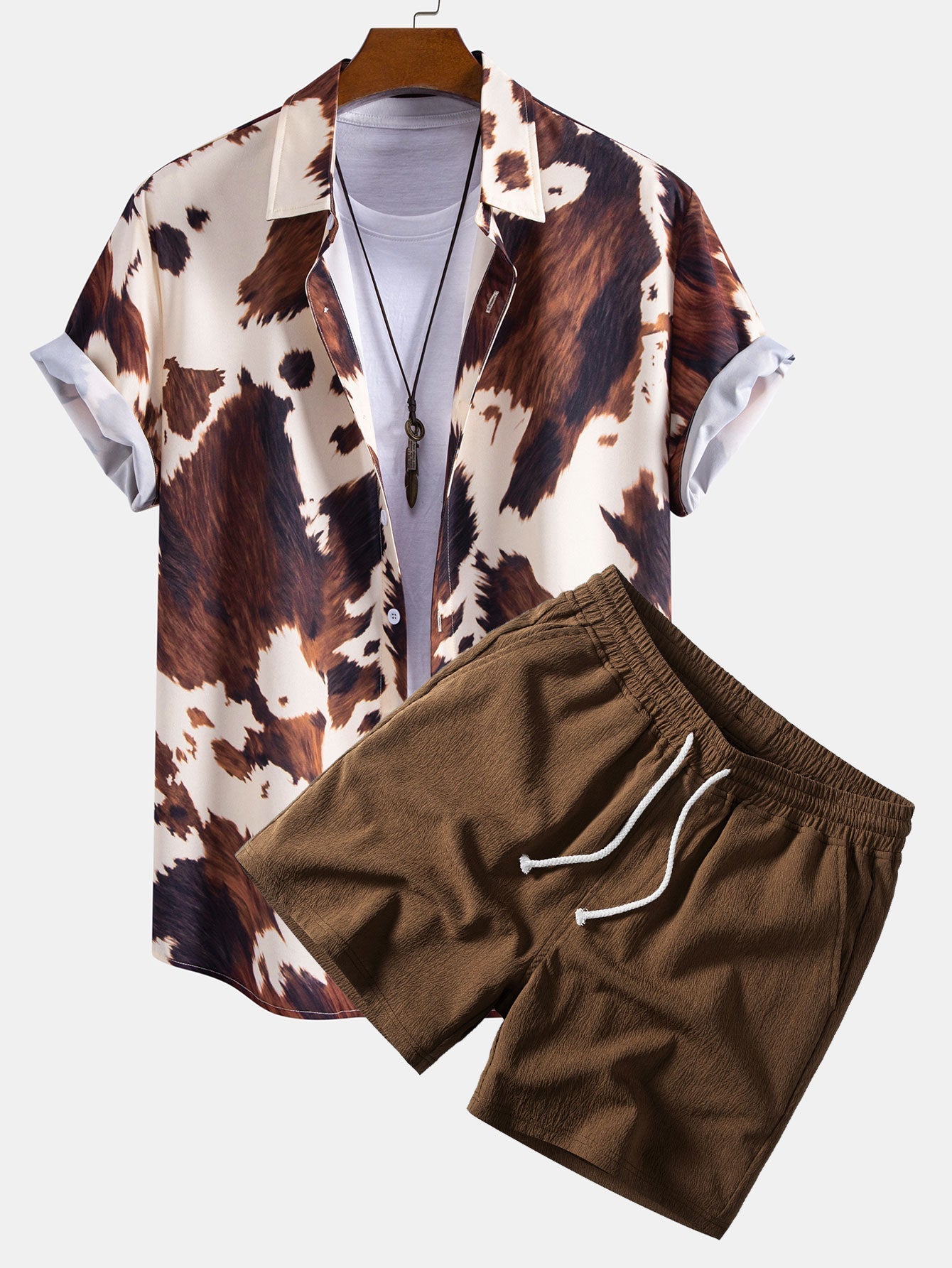Cow Print Shirt & Crinkle Textured Drawstring 5" Shorts Set