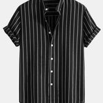 Cotton Blend Striped Stand Collar Shirt & Straight Leg Linen Pants Set
