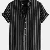 Cotton Blend Striped Stand Collar Shirt & Straight Leg Linen Pants Set