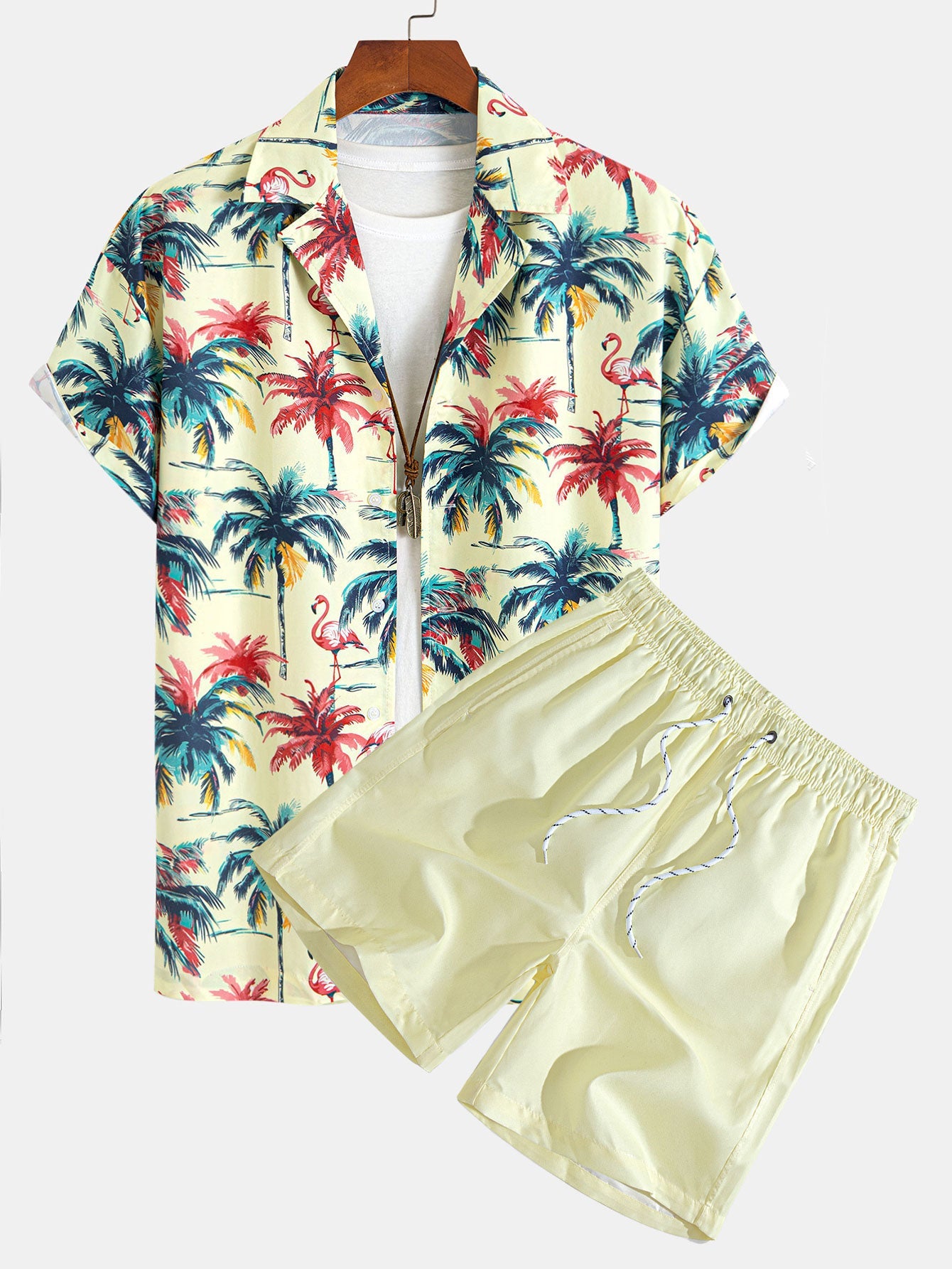 Relax Fit Flamingo Tropical Palm Tree Print Shirt & Swim Short Set