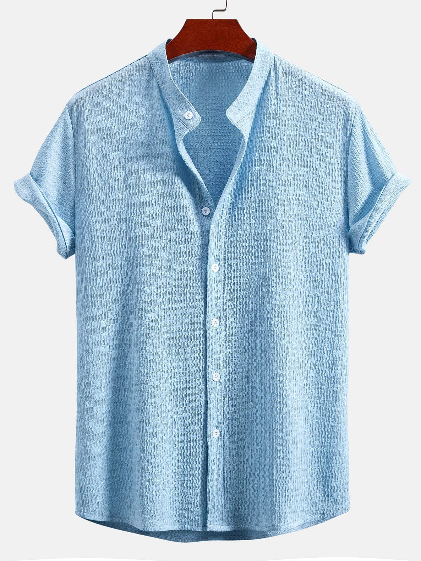 Muscle Fit Crinkled Textured Stand Collar Shirt