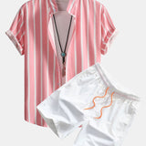 Striped Button Up Shirt & Man Mid Length Drawstring Swim Shorts Set
