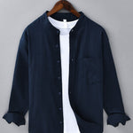 Long Sleeve Linen Cotton Stand Collar Shirt with Pocket