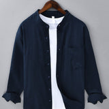 Long Sleeve Linen Cotton Stand Collar Shirt with Pocket