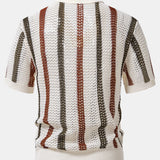 Striped Crochet V Neck Polo & Straight Leg Linen Pants Set