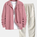 Long Sleeve Corduroy Cuban Collar Shirt & Straight Leg Linen Pants Set