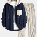 Long Sleeved Contrast Corduroy Hooded Shirt & Corduroy Pants Set