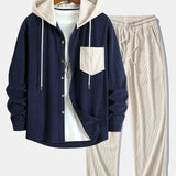 Long Sleeved Contrast Corduroy Hooded Shirt & Corduroy Pants Set